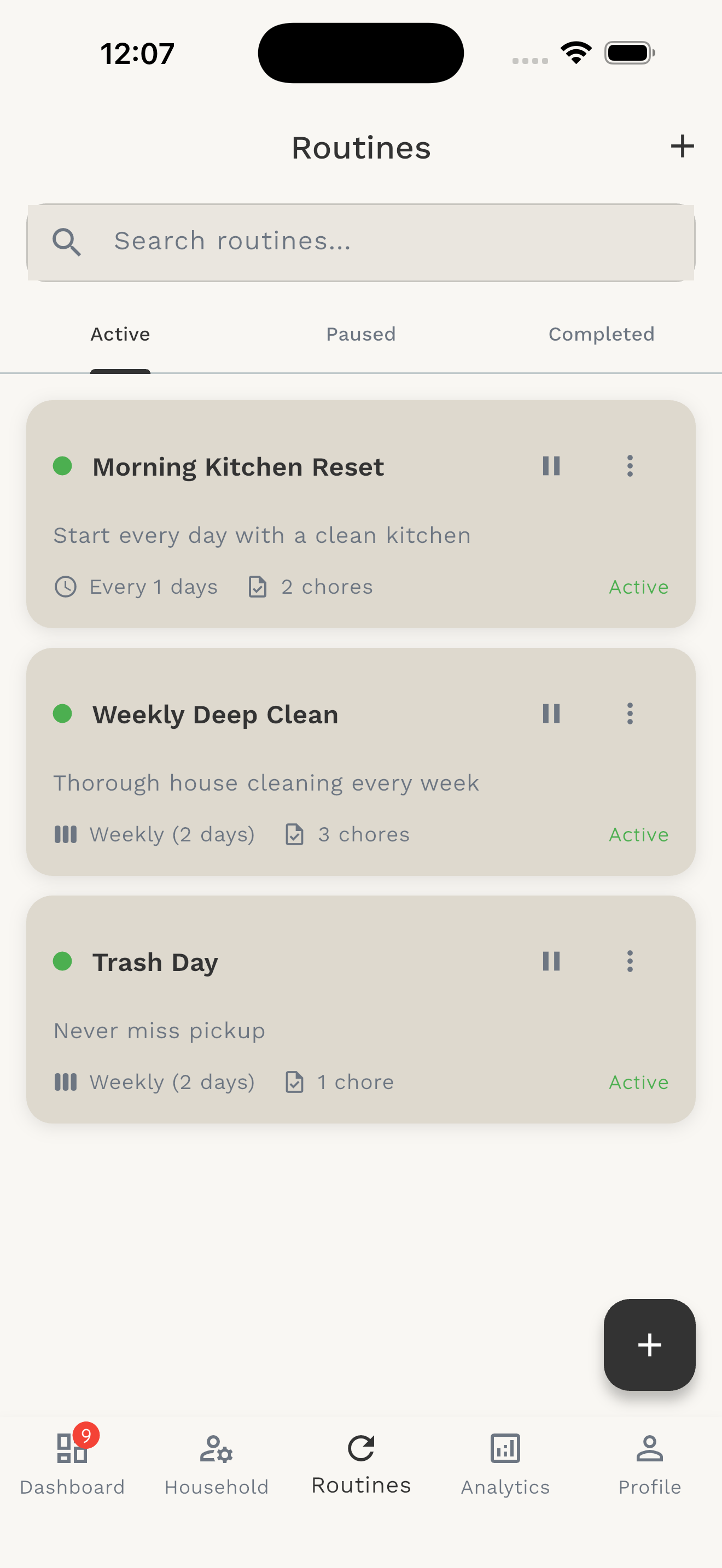 Routines screen showing scheduled cleaning tasks